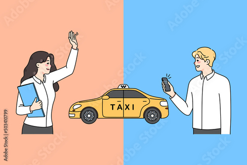 Diverse people order taxi in various ways. Man call cab on cellphone app, woman catch car on street. Private transportation concept. City traffic. Flat vector illustration. 
