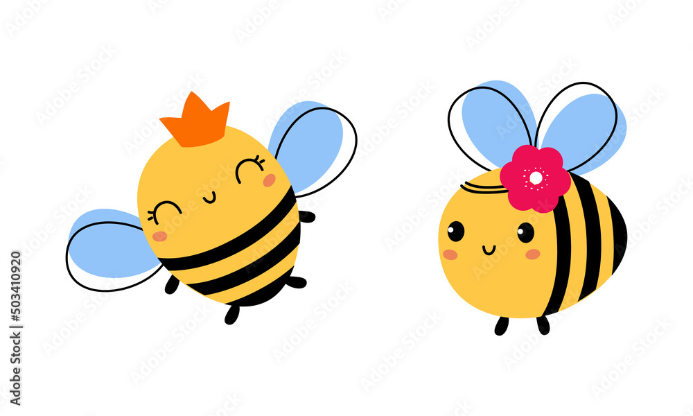 Cute Little Honey Bee with Wings and Black Stripes Flying Vector Set Cute Little Honey Bee with Wings and Black Stripes Flying Vector Set