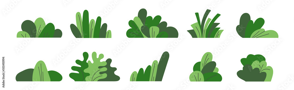 Shrub bush shrubbery tree simple abstract flat cartoon vector illustration. Set of garden green plant isolated on white background. Eco element, foliage silhouette, stylized ecology decorative object