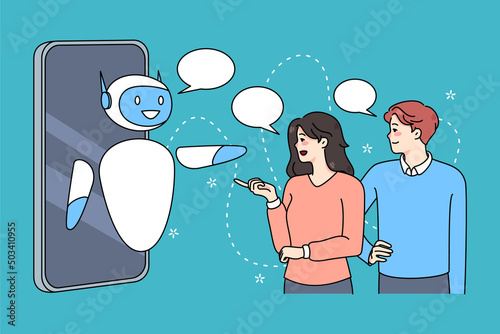 People talk to robotics online support on smartphone. Client use chatbot or humanoid robot internet service on cell. AI and engineering. Artificial intelligence and technology. Vector illustration. 