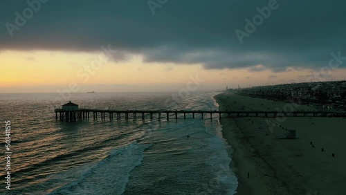 Wallpaper Mural Clouded Sky On Sunset In Manhattan Beach Pier, California USA. Aerial Panning Left Torontodigital.ca