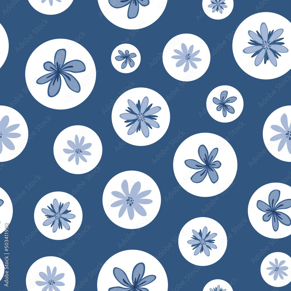 Blue doodle floral seamless pattern with pastel cute flowers in bubbles. Repeat background for invitations, fabric, wrapping, card or wallpaper. Blue doodle floral seamless pattern with pastel cute flowers in bubbles. Repeat background for invitations, fabric, wrapping, card or wallpaper.