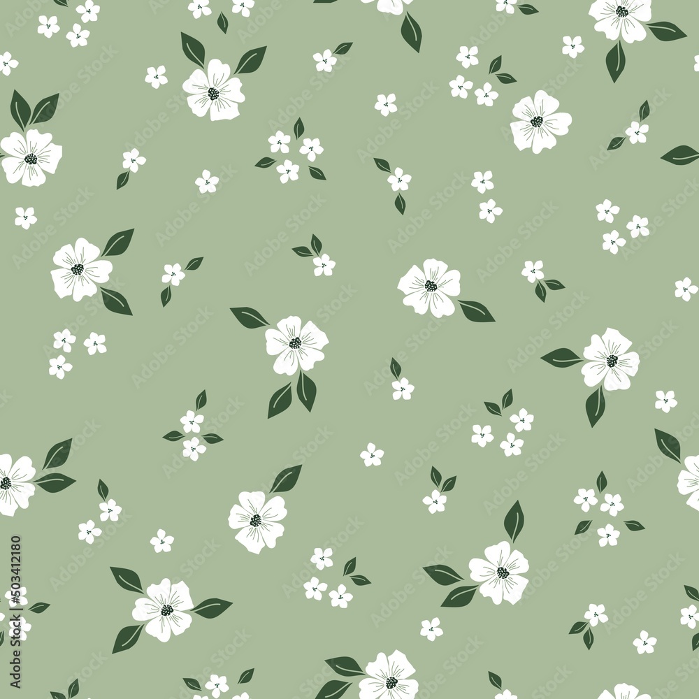 Fototapeta premium Seamless vintage pattern. White flowers, green leaves. Light green background. vector texture. fashionable print for textiles, wallpaper and packaging.