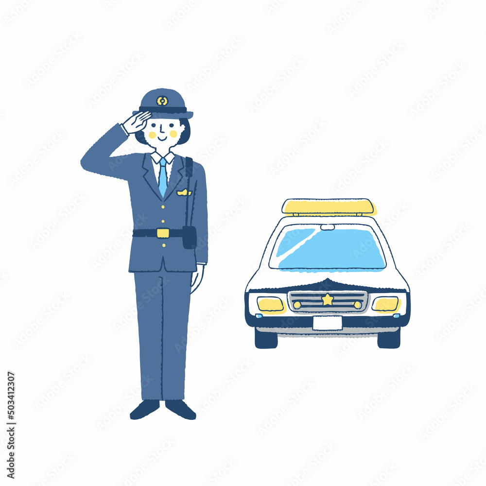 敬礼をしている女性警察官とパトカー
