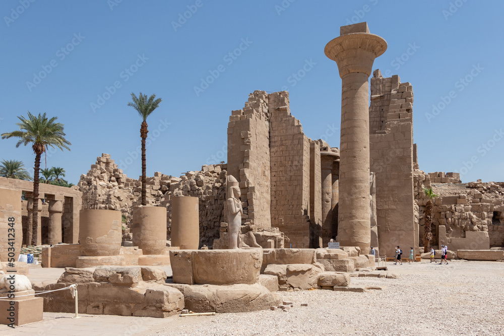 Luxor, Egypt - September 21 2021: The Karnak Temple Complex consists of a number of temples, chapels, and other buildings in the form of a village.