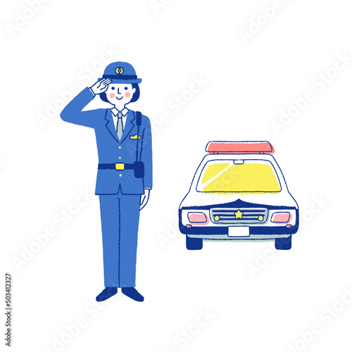 敬礼をしている女性警察官とパトカー