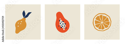 Matisse abstract lemon and papaya fruit. Contemporary art print. Collection of minimalist art. Poster with organic fruit blobs. Vector illustration isolated. photo