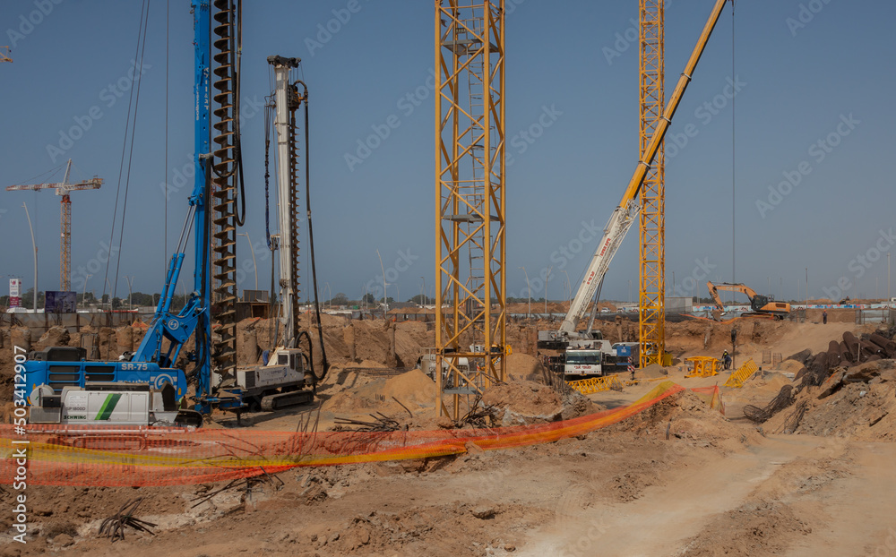 Installation of a tower crane at a construction site using a truck crane, Israel, Ashkelon November 2020