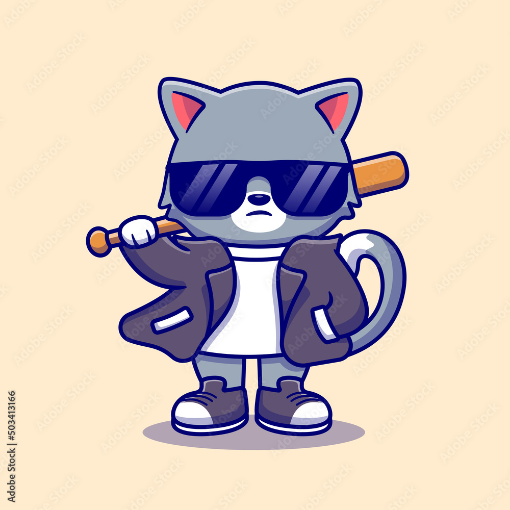 Cute Bad Cat Wearing Suit And Sunglasses With Baseball Bat Cartoon Vector Icon Illustration. Animal Fashion Icon Concept Isolated Premium Vector. Flat Cartoon Style