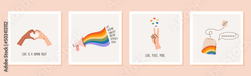 Vector set of greeting cards for LGBTQIA Pride Month. Social media post collection with queer slogans, phrases and quotes. A hand gesture, loudspeaker and rainbow with meaning of LGBT flag.