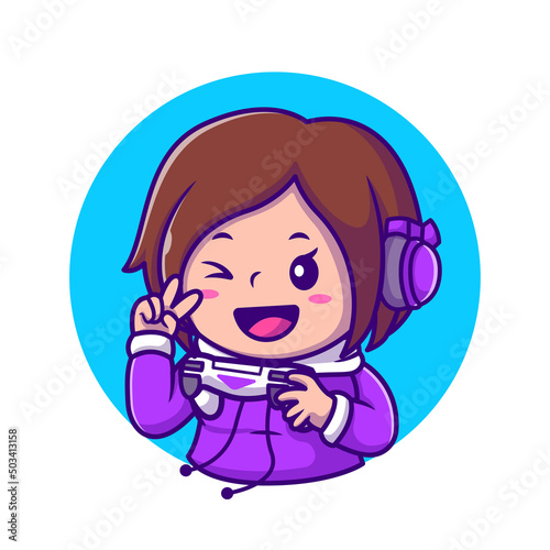 Cute Girl Gaming Holding Joystick With Hand Peace Cartoon Vector Icon Illustration. People Technology Icon Concept Isolated Premium Vector. Flat Cartoon Style