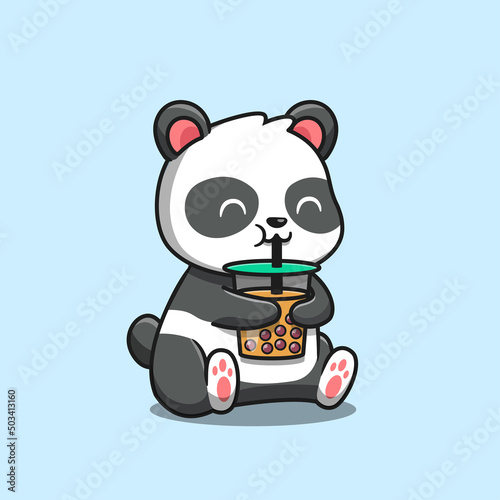 Cute Panda Sipping Boba Milk Tea Cartoon Vector Icon Illustration. Animal Food Icon Concept Isolated Premium Vector. Flat Cartoon Style