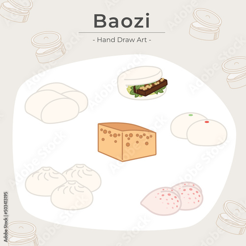 Steamed Chinese Bread Baozi Hand Draw Icon Set