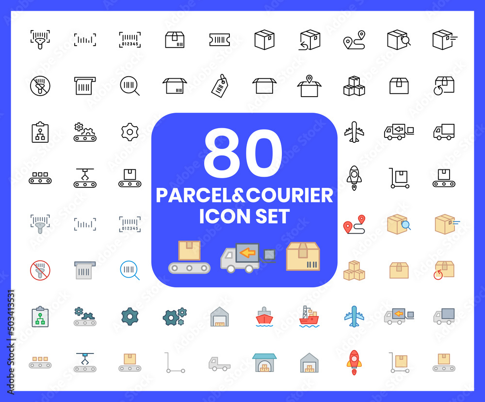 Collection of Parcel Service linear and color icons. Set of shipment, delivery, box, package symbols drawn with thin contour lines. Vector illustration.