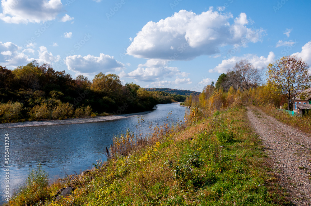 Autumn landscape: the Khor River near the village of Khor of the Khabarovsk Territory of Russia