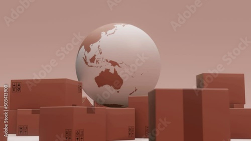 Rotating globe surrounded by carton boxes. Business trading with international shipping concept. 3D rendering animation in seamless loop.