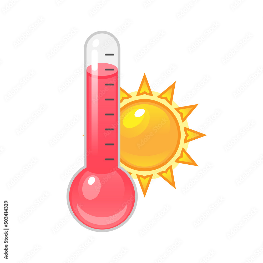 Bright glossy image of a thermometer with heat and sun. Hot weather icon. Vector stock illustration Bright glossy image of a thermometer with heat and sun. Hot weather icon. Vector stock illustration