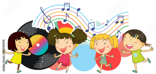 Happy children dancing with music notes on white background