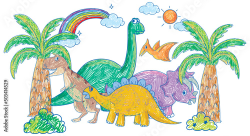 Fototapeta Naklejka Na Ścianę i Meble -  Coloured hand drawn dinosaurs group