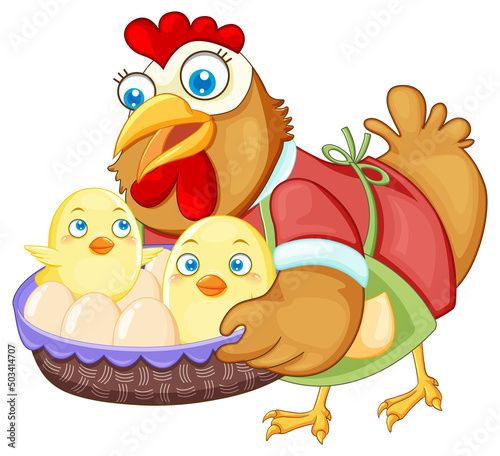 Cute chicken cartoon character holding a basket of eggs and chick