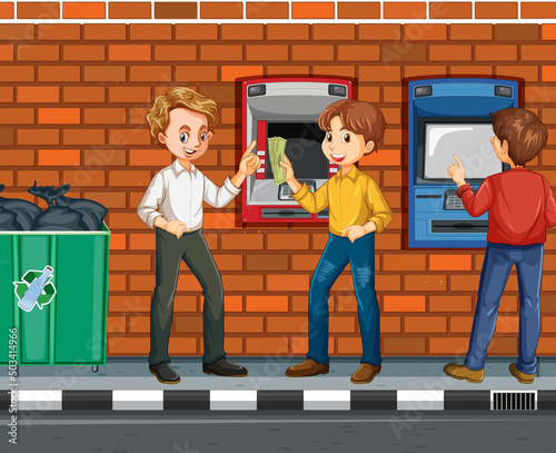 ATM machine street scene with people