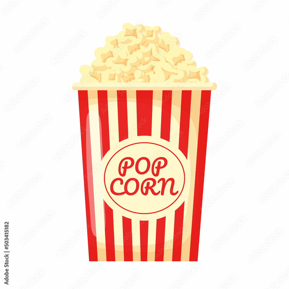 Popcorn isolated on white background. Cinema icon in flat style. Snack food. Big red white stripe box.