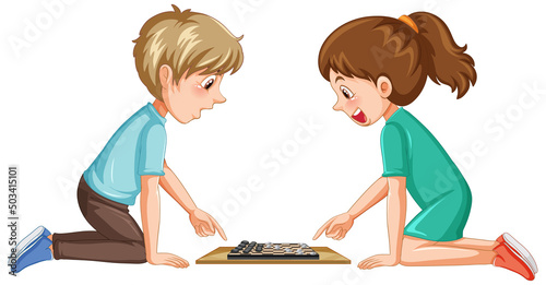 A children playing board game on white background