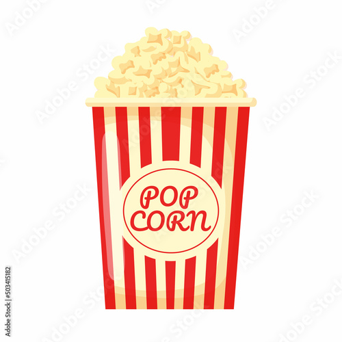 Popcorn isolated on white background. Cinema icon in flat style. Snack food. Big red white stripe box.