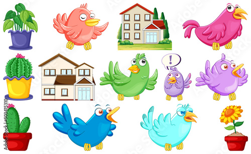 Different house designs and cute birds
