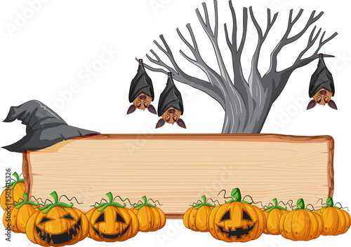 Blank wooden signboard with bat in halloween theme