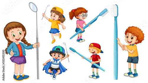 Set of happy kids holding toothbrush and dental mirror on white background