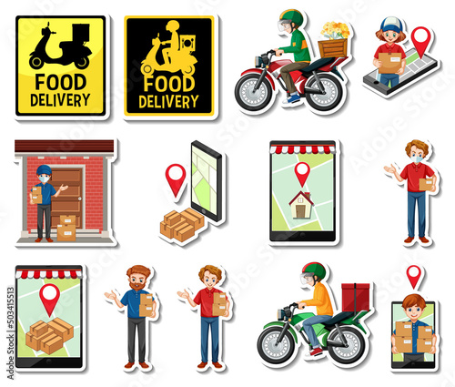 Sticker set of delivery objects and cartoon characters