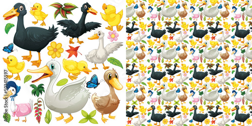 Seamless background with ducks and ducklings