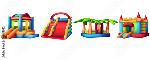 Cartoon gaming inflatable complex in amusement center. Kids playground in play park with children equipment. Bouncy castle, trampoline and slides for kid entertainment isolated on white background.