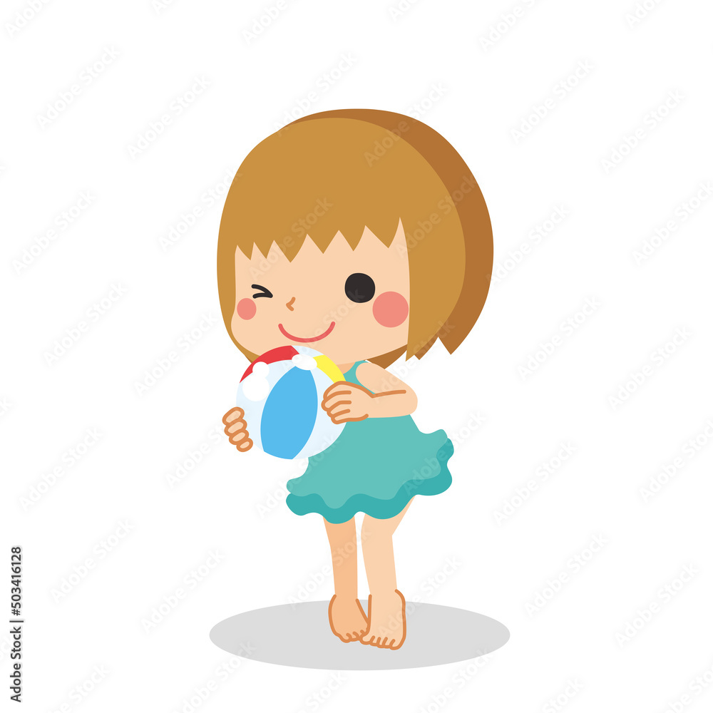 Fototapeta ビーチボールを持った着姿の可愛い女の子のイラスト 白背景 ベクター クリップアート Naklejamy Com