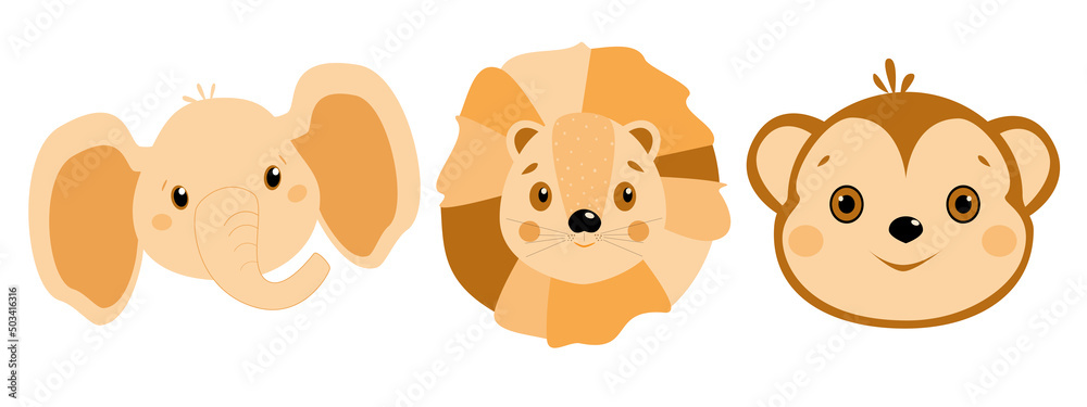 Cartoon animals heads, elephant, lion, and monkey Cartoon animals heads, elephant, lion, and monkey