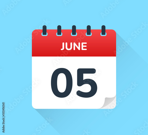 June 5, Five of the month. Vector flat design of daily calendar icon. Date and day of the year.