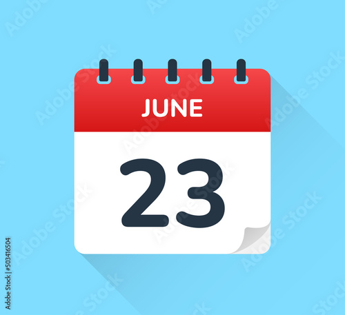 June 23 date on the calendar page icon vector isolated on blue background.