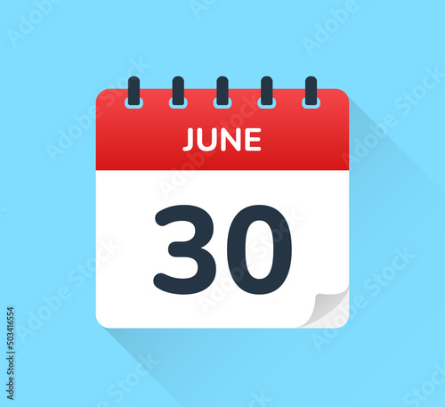 June 30 vector in flat design. Calendar icon.