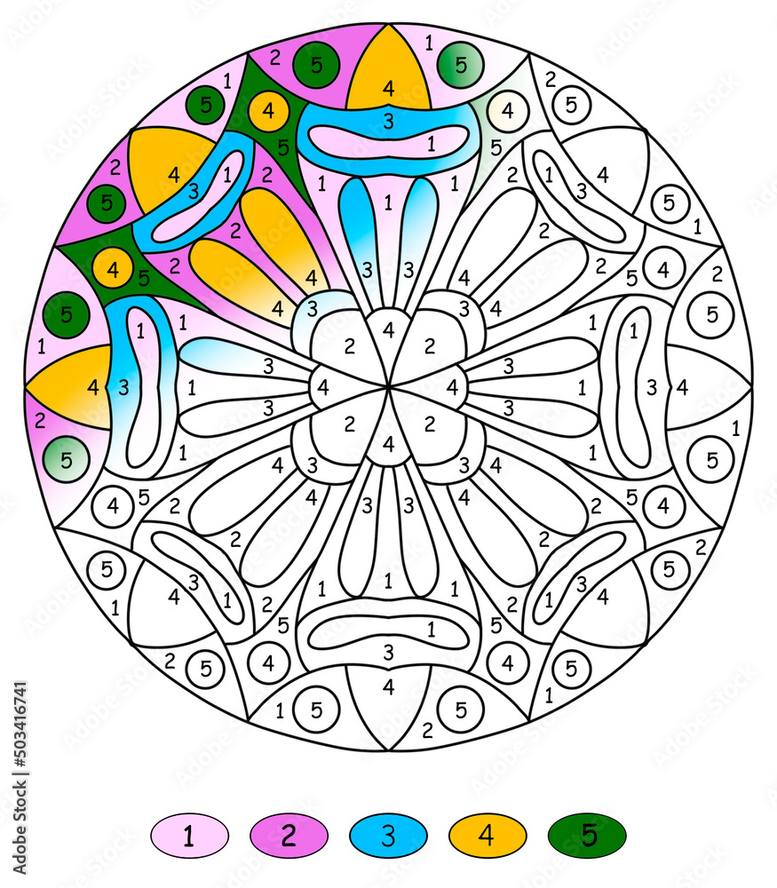 mandala with numbers for coloring drawn with floral ornaments in folk style with dark blue and pink colors, coloring book pages
