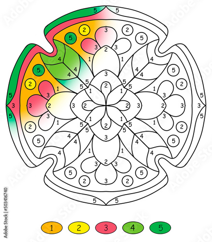 mandala with numbers for coloring drawn with flowers and leaves of green and orange colors, coloring book pages
