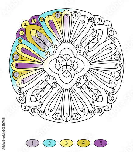 Geometric mandala with numbers for coloring drawn in folk style with blue and yellow colors, coloring book pages