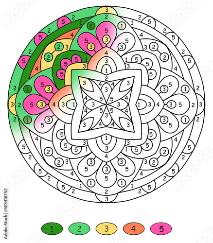 mandala with numbers for coloring drawn with flowers in folk style with green and pink colors, coloring book pages