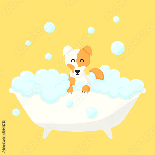 Dog in a bubble bath. Pet care. Bathing the dog in the bathroom. Vector illustration in cartoon style.