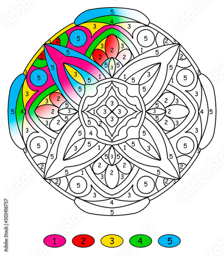 mandala with numbers for coloring drawn with ornaments and flower in yellow and pink colors, coloring book pages