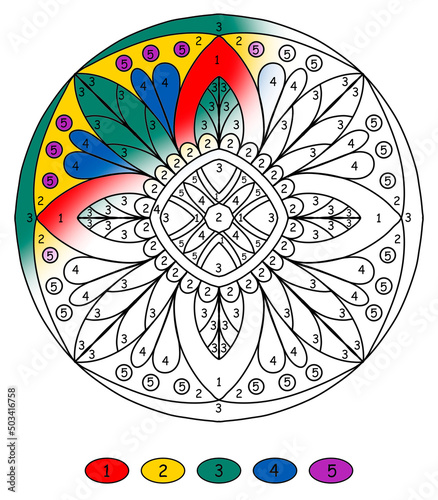 mandala with numbers drawn with abstract flowers in red and dark blue colors, coloring book pages