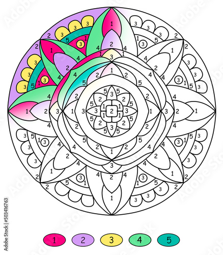 mandala coloring by number drawn with floral ornaments in pink and green colors, coloring book pages