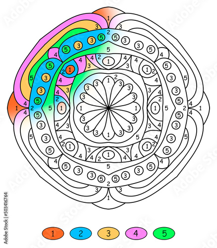 mandala with numbers for coloring drawn with floral ornaments in folk style with warm green and blue colors, coloring book pages