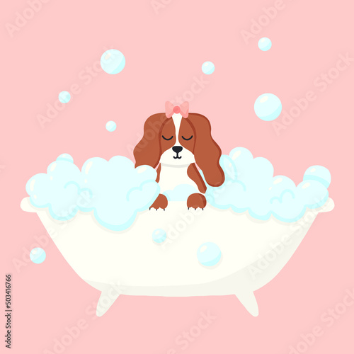Dog in a bubble bath. Pet care. Bathing the dog in the bathroom. Vector illustration in cartoon style.
