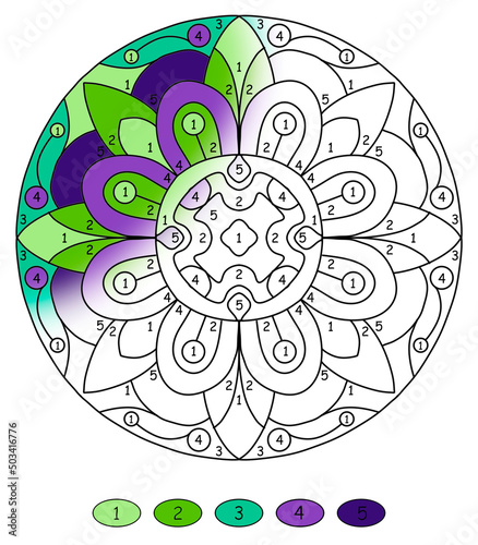abstract mandala with numbers for coloring drawn with floral ornaments in light green and dark green colors, coloring book pages